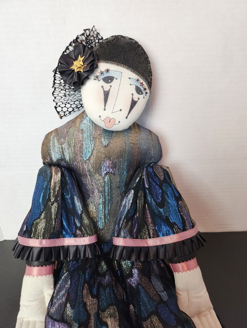 Handmade Pierrot Harlequin Clown Art Doll Metallic Costume Vintage - Picture 10 of 11